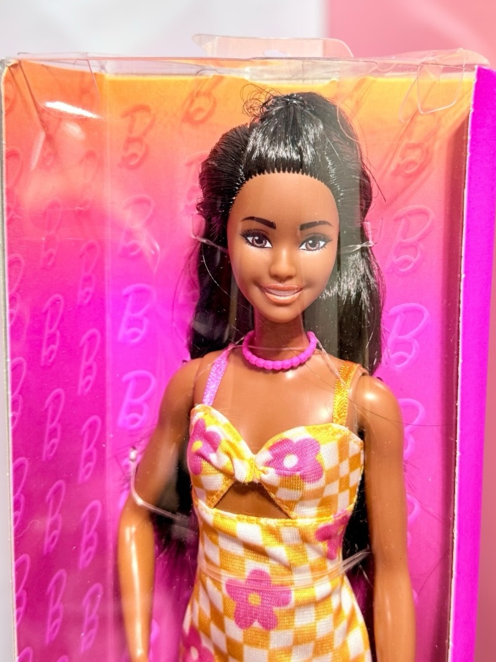 Barbie Fashionistas #233 HYT91 Tall Doll Black Hair Floral Checkered Dress NIB